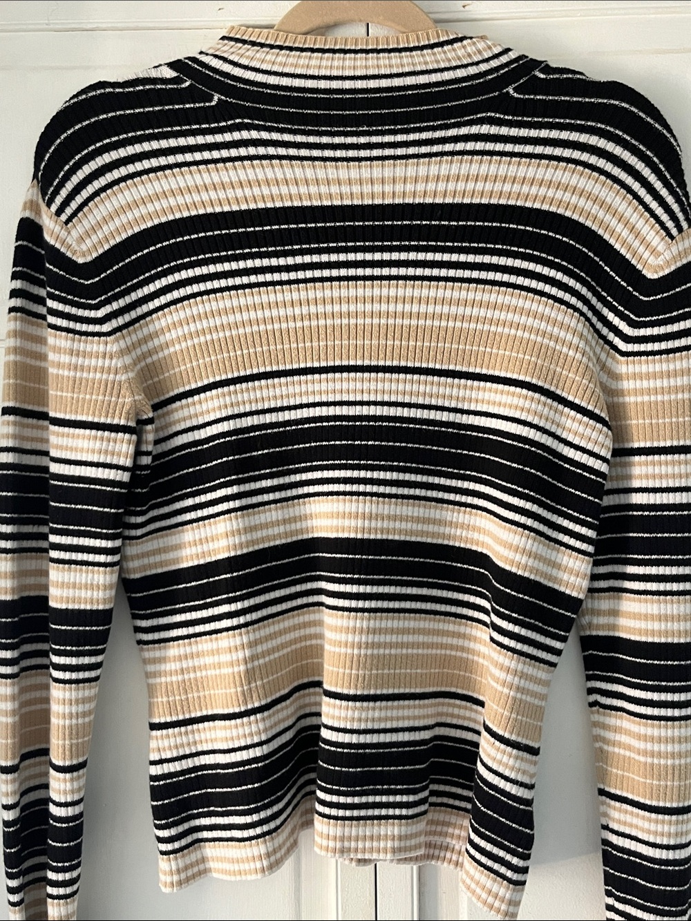 Worthington Black, Beige & White Striped Ribbed Long Sleeve Top